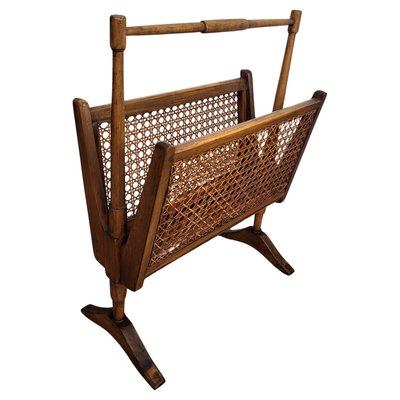 Mid-Century Italian Cane Rattan and Wood Magazine Rack, 1960s-EUP-1806556