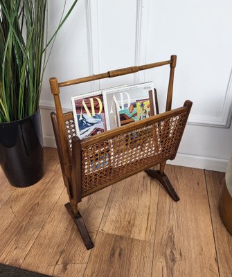 Mid-Century Italian Cane Rattan and Wood Magazine Rack, 1960s-EUP-1806556