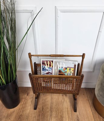 Mid-Century Italian Cane Rattan and Wood Magazine Rack, 1960s-EUP-1806556