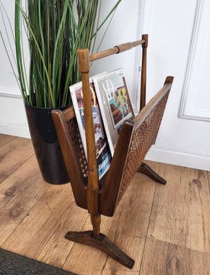 Mid-Century Italian Cane Rattan and Wood Magazine Rack, 1960s-EUP-1806556