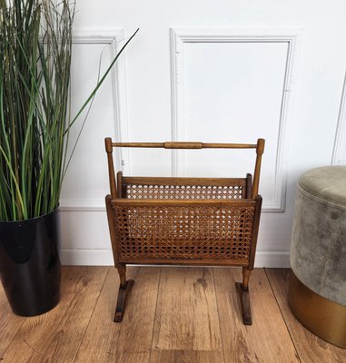 Mid-Century Italian Cane Rattan and Wood Magazine Rack, 1960s-EUP-1806556