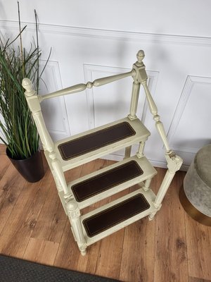 Mid-Century Italian Carved Walnut Wood and Leather 4-Step Library Ladder, 1950s-EUP-1746662