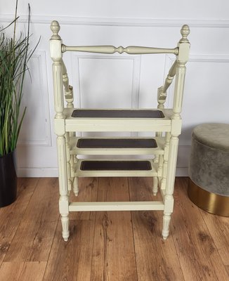 Mid-Century Italian Carved Walnut Wood and Leather 4-Step Library Ladder, 1950s-EUP-1746662