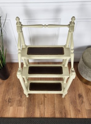 Mid-Century Italian Carved Walnut Wood and Leather 4-Step Library Ladder, 1950s-EUP-1746662