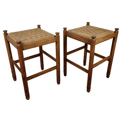 Mid-Century Italian Carved Wood and Cord Stools, 1960s, Set of 2-EUP-1287378