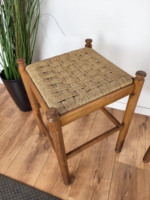 Mid-Century Italian Carved Wood and Cord Stools, 1960s, Set of 2-EUP-1287378