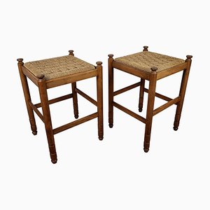 Mid-Century Italian Carved Wood and Cord Stools, 1960s, Set of 2-EUP-1287378