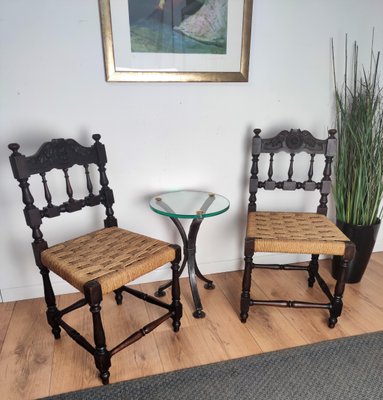 Mid-Century Italian Carved Wood & Cord Woven Rope Chairs, 1950s, Set of 2-EUP-1092718