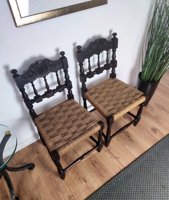 Mid-Century Italian Carved Wood & Cord Woven Rope Chairs, 1950s, Set of 2-EUP-1092718