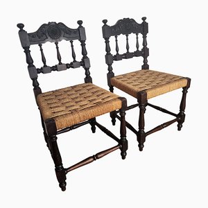 Mid-Century Italian Carved Wood & Cord Woven Rope Chairs, 1950s, Set of 2-EUP-1092718