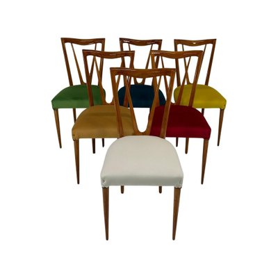 Mid-Century Italian Cherry Wood and Pastel Colored Chairs, 1950s, Set of 6-FF-2017478