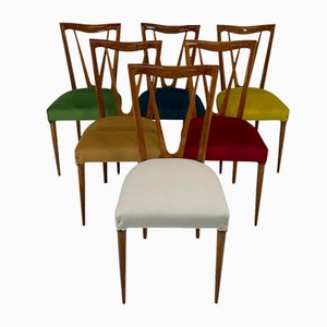 Mid-Century Italian Cherry Wood and Pastel Colored Chairs, 1950s, Set of 6-FF-2017478