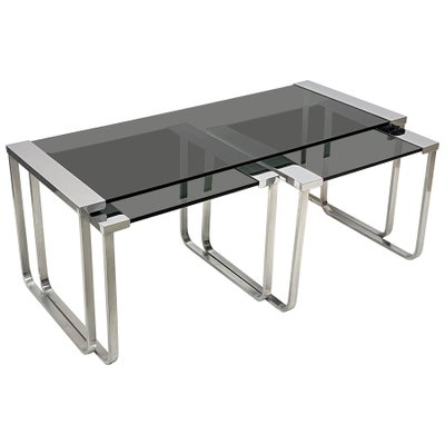 Mid-Century Italian Chromed Metal, Aluminum, Smoked Glass Nesting Tables, 1970s, Set of 3-JDR-1125649