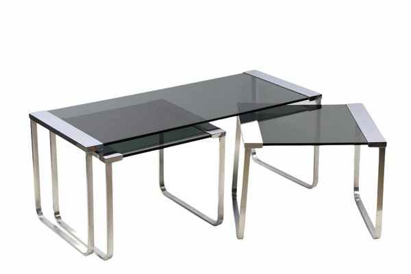 Mid-Century Italian Chromed Metal, Aluminum, Smoked Glass Nesting Tables, 1970s, Set of 3-JDR-1125649