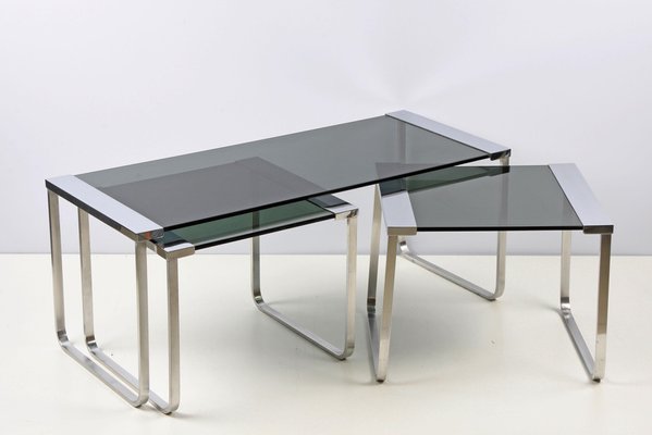 Mid-Century Italian Chromed Metal, Aluminum, Smoked Glass Nesting Tables, 1970s, Set of 3-JDR-1125649