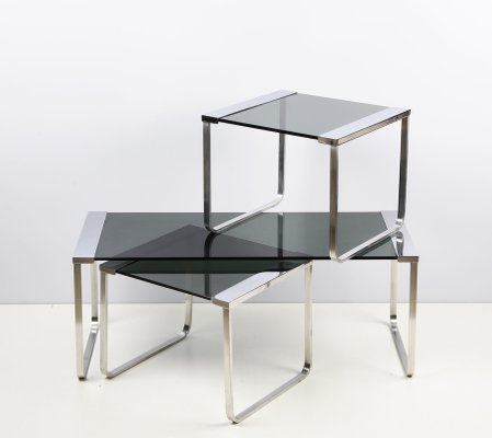 Mid-Century Italian Chromed Metal, Aluminum, Smoked Glass Nesting Tables, 1970s, Set of 3-JDR-1125649