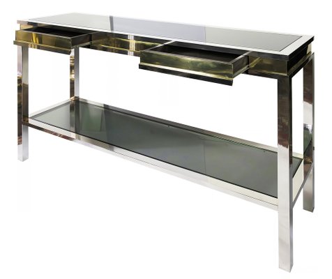 Mid-Century Italian Console Table with Drawers in Brass, Chrome and Glass, 1970s-ZVH-1800228