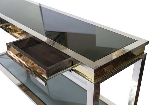 Mid-Century Italian Console Table with Drawers in Brass, Chrome and Glass, 1970s-ZVH-1800228