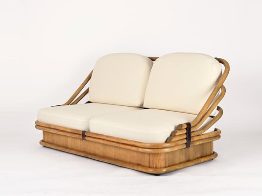 Mid-Century Italian Curved Bamboo, Maple and Leather Sofa, 1960s-JDR-1797797