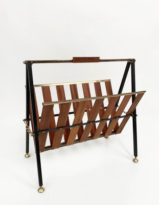 Mid-Century Italian Enameled Metal, Teak and Brass Magazine Rack, 1950s-JDR-1125966