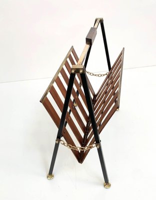 Mid-Century Italian Enameled Metal, Teak and Brass Magazine Rack, 1950s-JDR-1125966