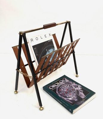 Mid-Century Italian Enameled Metal, Teak and Brass Magazine Rack, 1950s-JDR-1125966