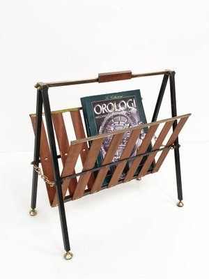 Mid-Century Italian Enameled Metal, Teak and Brass Magazine Rack, 1950s-JDR-1125966