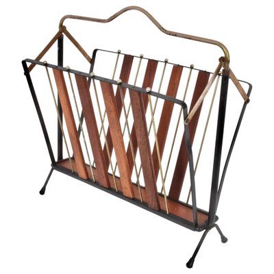 Mid-Century Italian Enameled Metal, Wood and Brass Magazine Rack, 1950s-JDR-1126148