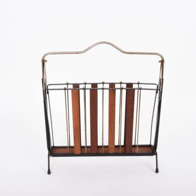 Mid-Century Italian Enameled Metal, Wood and Brass Magazine Rack, 1950s-JDR-1126148