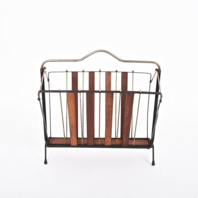 Mid-Century Italian Enameled Metal, Wood and Brass Magazine Rack, 1950s-JDR-1126148