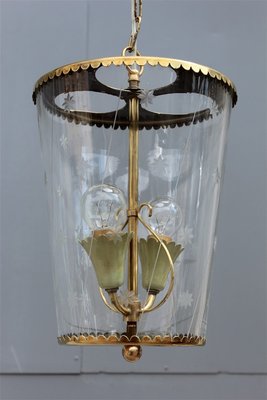 Mid-Century Italian Engraved Glass and Brass Ceiling Lamp from Crystal Art, 1950s-EH-625347