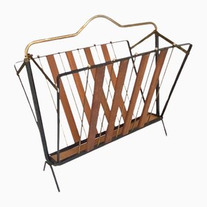 Mid Century Italian Folding Magazine Rack '50s Metal And Teak Wood-WUW-1818668