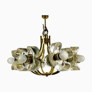 Mid-Century Italian Glass and Brass 8-Arm Chandelier Attributed to Mazzega, 1960s-PUK-713103