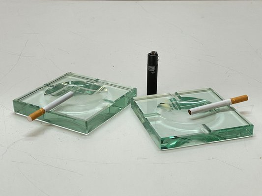 Mid-Century Italian Green Crystal Glass Squared Ashtrays from Fontana Arte, Set of 2-JDR-1125501