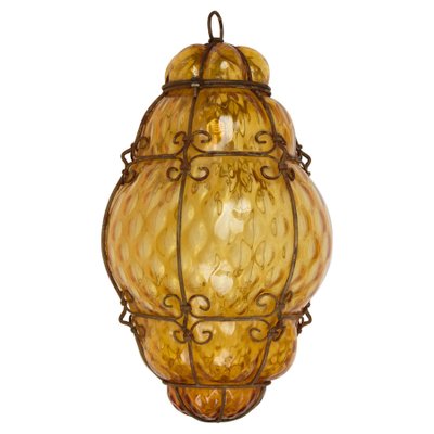 Mid-Century Italian Handblown Murano Amber Glass Cage Pendant Light from Seguso, 1940s-JDR-1125585