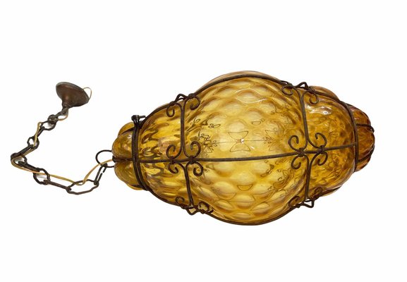 Mid-Century Italian Handblown Murano Amber Glass Cage Pendant Light from Seguso, 1940s-JDR-1125585