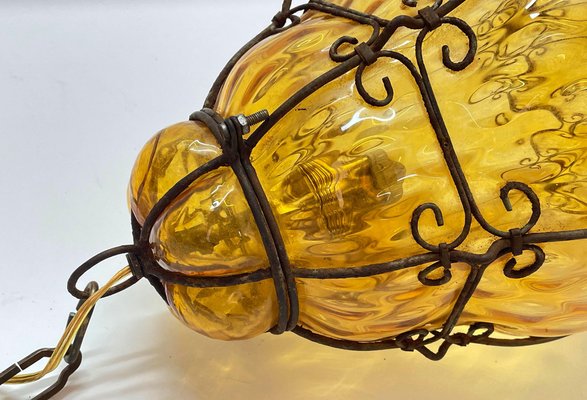 Mid-Century Italian Handblown Murano Amber Glass Cage Pendant Light from Seguso, 1940s-JDR-1125585