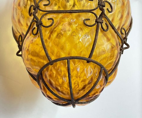 Mid-Century Italian Handblown Murano Amber Glass Cage Pendant Light from Seguso, 1940s-JDR-1125585