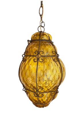 Mid-Century Italian Handblown Murano Amber Glass Cage Pendant Light from Seguso, 1940s-JDR-1125585