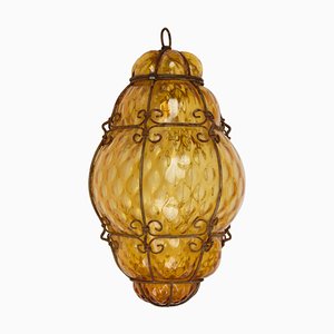 Mid-Century Italian Handblown Murano Amber Glass Cage Pendant Light from Seguso, 1940s-JDR-1125585