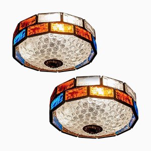 Mid-Century Italian Iron and Colorful Murano Glass Ceiling Lights or Flush Mounts, Set of 2-MBH-1032552