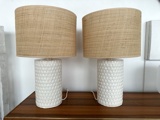 Mid-Century Italian Lamps in White Ceramic Enameled Feather, 1970s, Set of 2-FUE-1735834