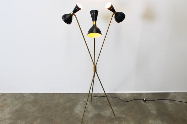 Mid-Century Italian Minimalist Black Brass Floor Lamp in the Style of Stilnovo, 1950s-WIP-1355037