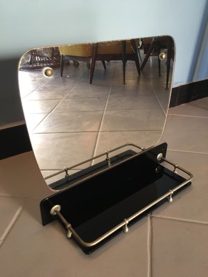 Mid-Century Italian Mirror with Details in Steel Rod and Shelf in Black Glass-GGK-702586