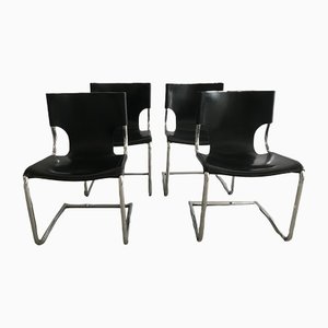 Mid-Century Italian Modern Black Leather Model 920 Cantilever Chairs by Carlo Bartoli, 1970s, Set of 4-DHH-1330609