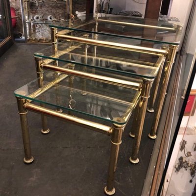 Mid-Century Italian Modern Brass and Glass Nesting Tables, 1960, Set of 3-NMK-1109345