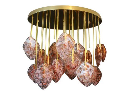 Mid-Century Italian Modern Brass and Pink Glass Chandelier, 2000s-YF-1723274