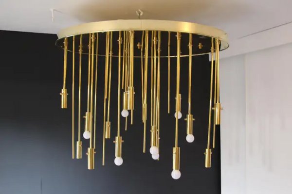 Mid-Century Italian Modern Brass and Pink Glass Chandelier, 2000s-YF-1723274