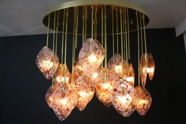 Mid-Century Italian Modern Brass and Pink Glass Chandelier, 2000s-YF-1723274