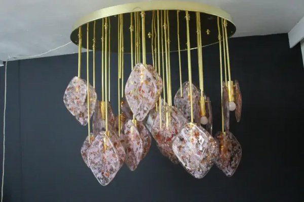 Mid-Century Italian Modern Brass and Pink Glass Chandelier, 2000s-YF-1723274